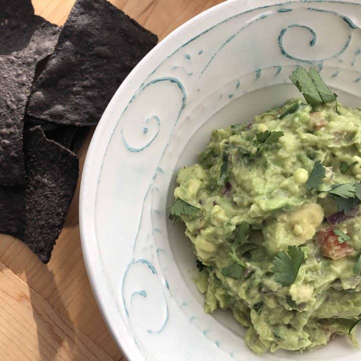 top down shot of Easy Homemade Guacamole in a bowl