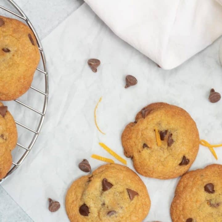 Orange Chocolate Chip Cookies on a cooling rack