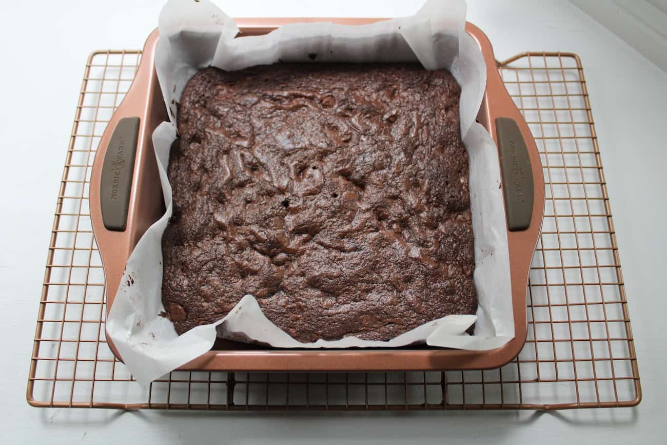 The Best Fudgy Brownie in a baking dish 