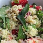 overhead shot of Strawberry Quinoa Salad with Maple and Thyme Vinaigrette in a bowl