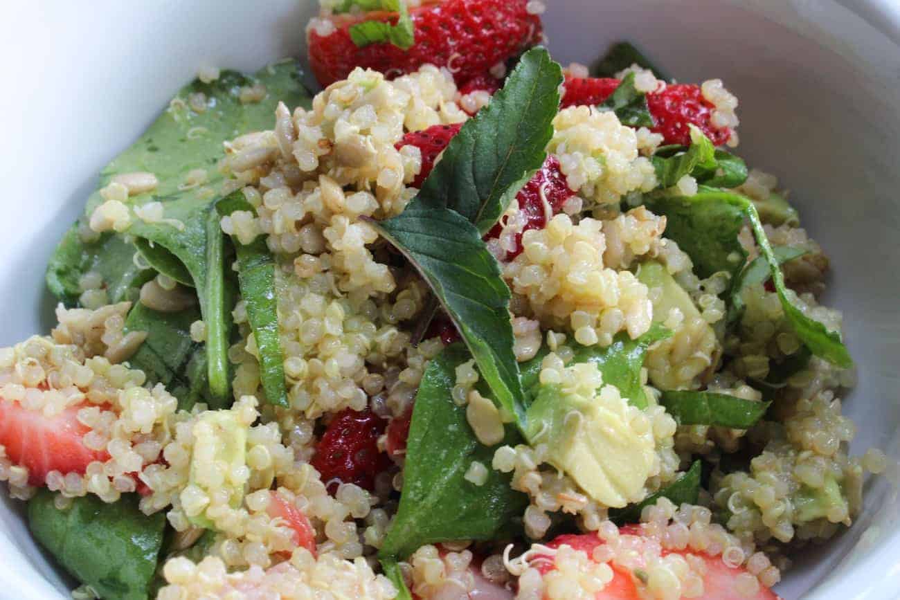 close up of Strawberry Quinoa Salad with Maple and Thyme Vinaigrette