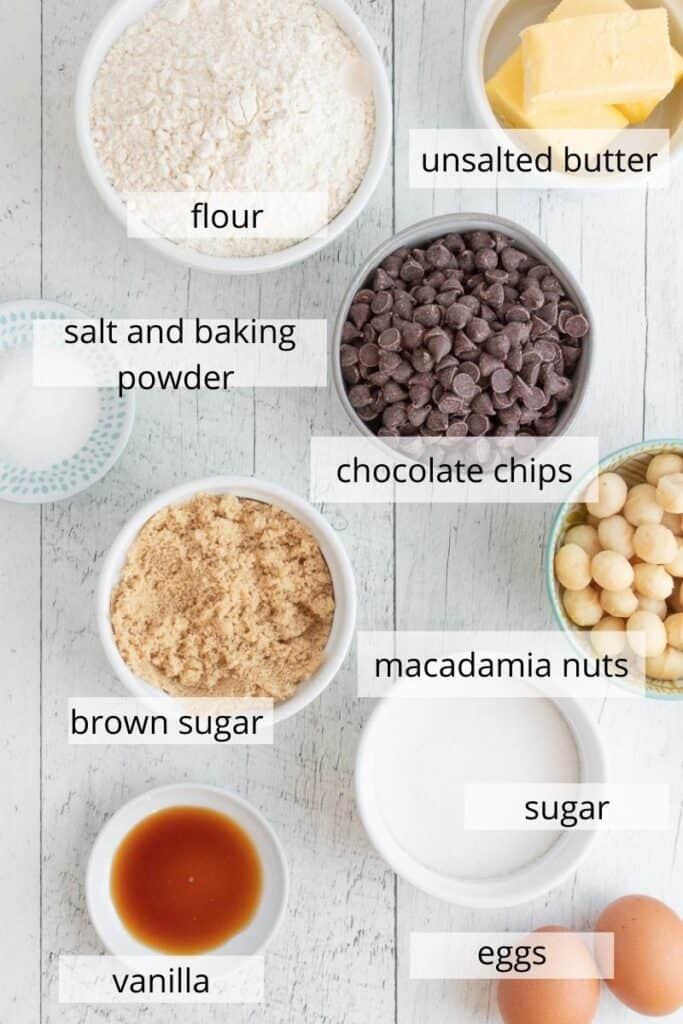 ingredients for macadamia nut chocolate chip cookies on a white background