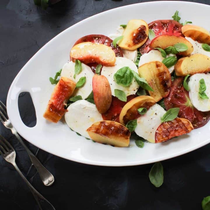 Grilled Peach Caprese Salad with Honey and Basil - Maple and Thyme