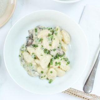 overhead shot of Gnocchi with Mushroom Ragu and Peas