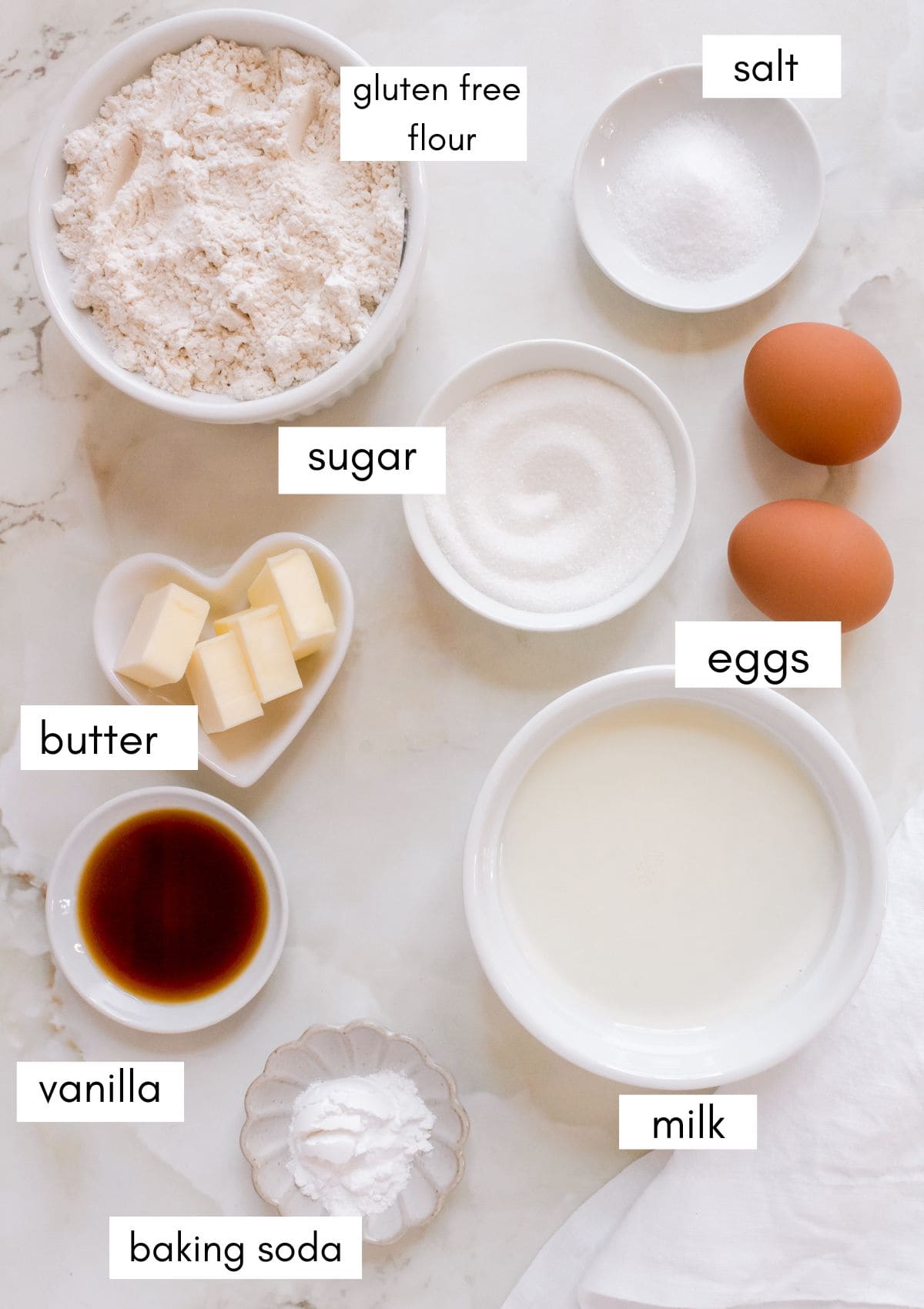 labeled ingredients for gluten free pancakes on a white background.
