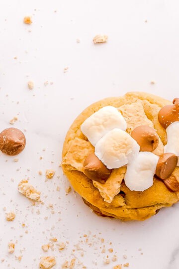 a s'mores cookie covered with melted chocolate and marshmallows on white marble background.