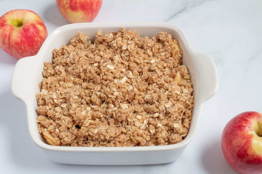 brown butter apple crisp ready to bake