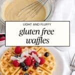 bowl of light and fluffy gluten free batter with gluten free waffles with berries.