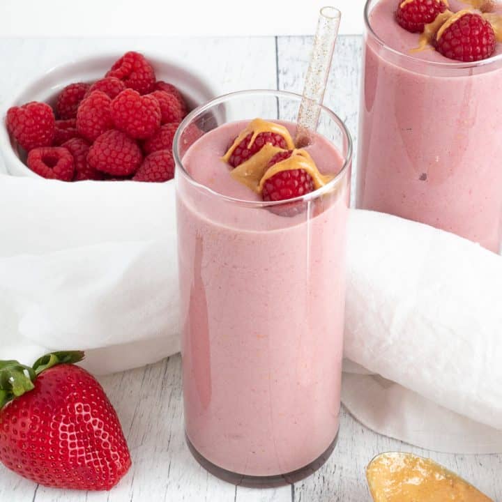 healthy peanut butter and jelly smoothie with garnishes