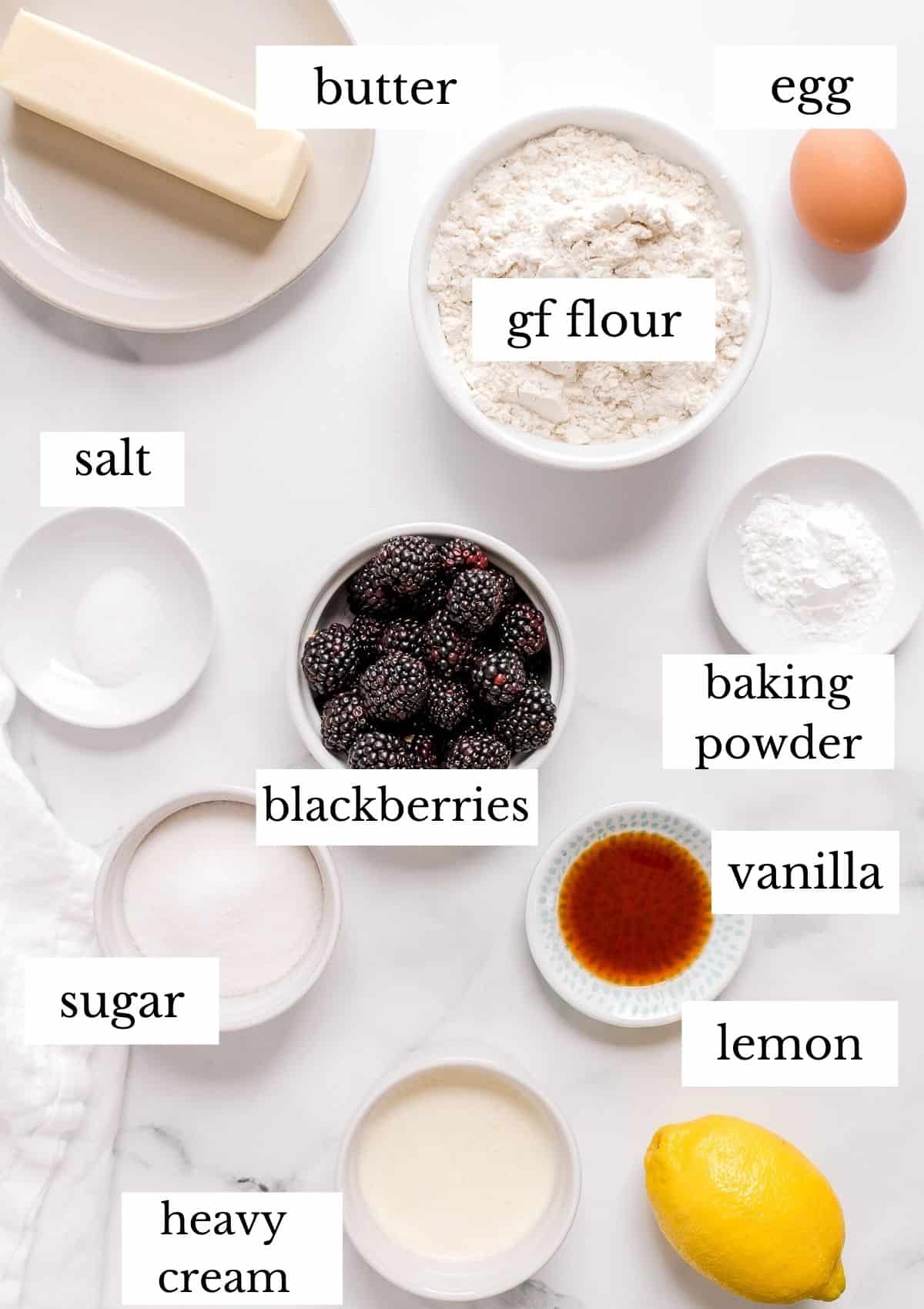 ingredients for gluten free scones on white background