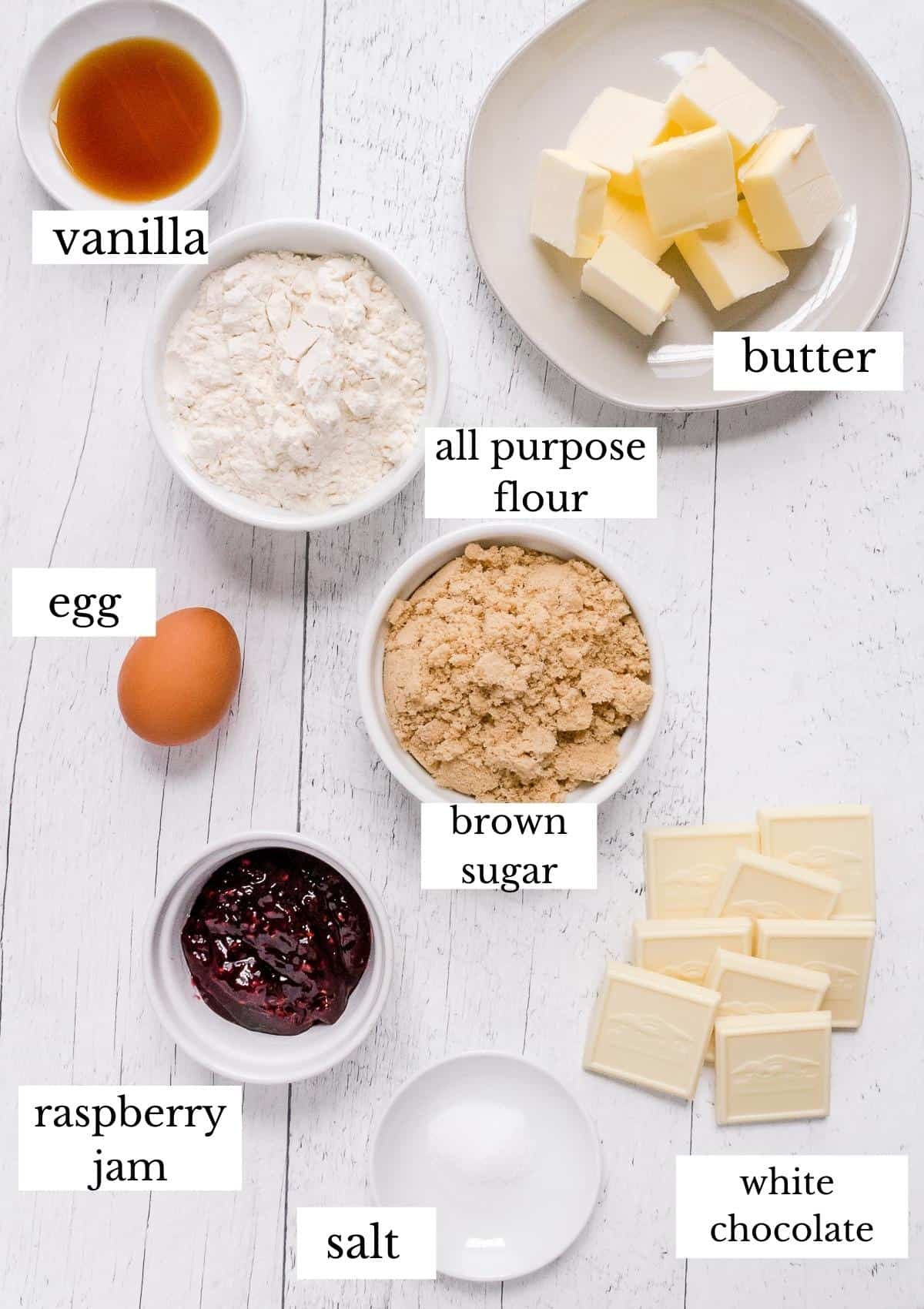 ingredients for white chocolate raspberry blondies