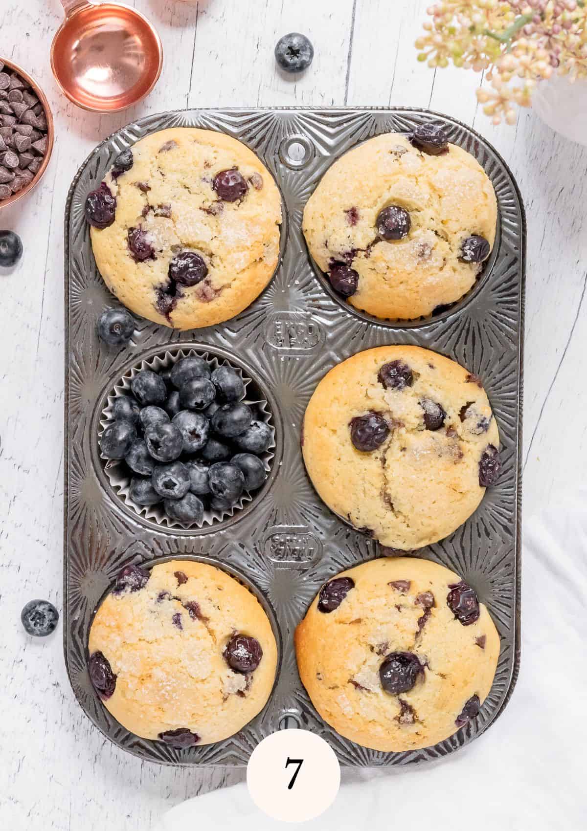 blueberry chocolate chip muffins in muffin tin with blueberries.
