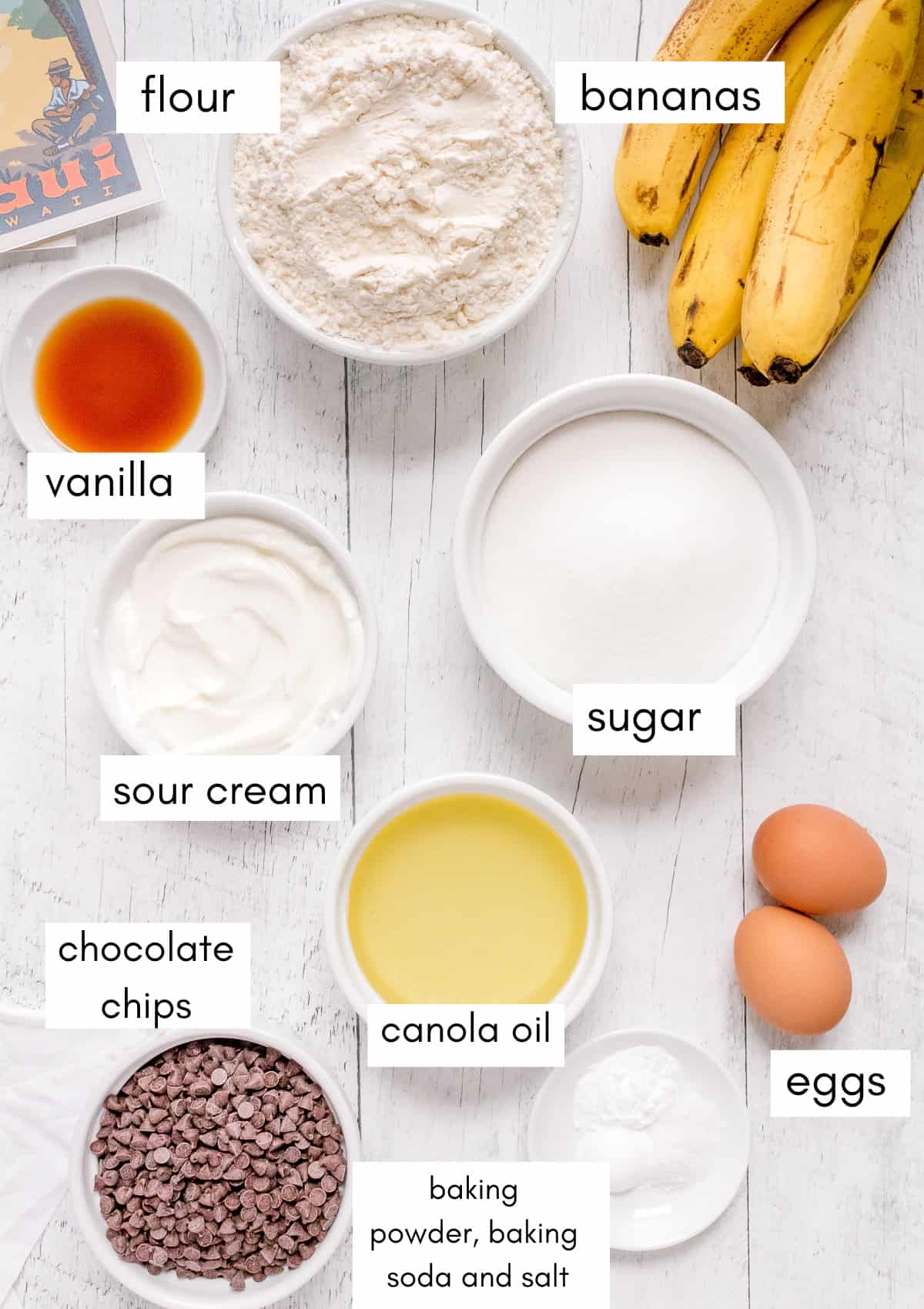labeled ingredients for Hawaiian banana bread on white wood.