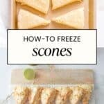 scone dough on a sheet pan with baked scones and text overlay.