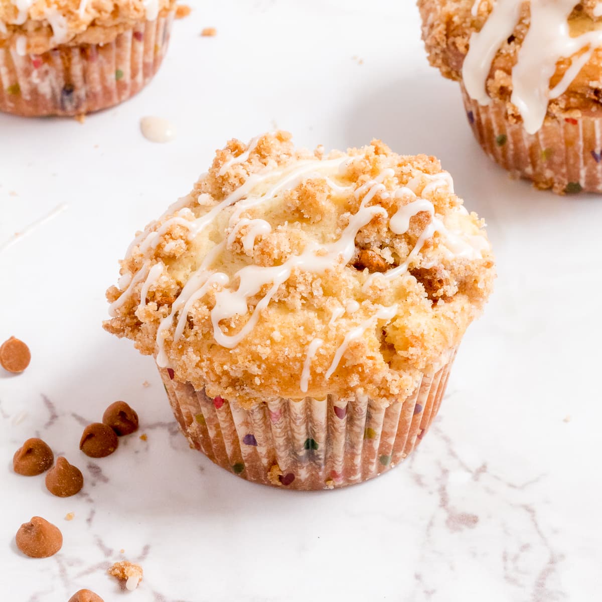 cinnamon streusel muffin with vanilla glaze.