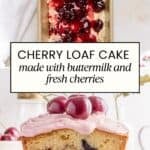 cherry loaf cake batter in a gold pan with a frosted cherry loaf cake and text overlay.