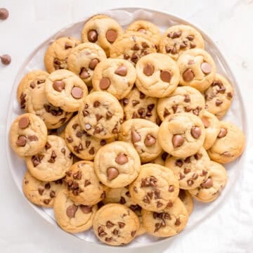 Round plate of mini chocolate chip cookies.