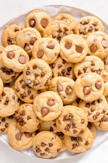 Round plate of mini chocolate chip cookies.