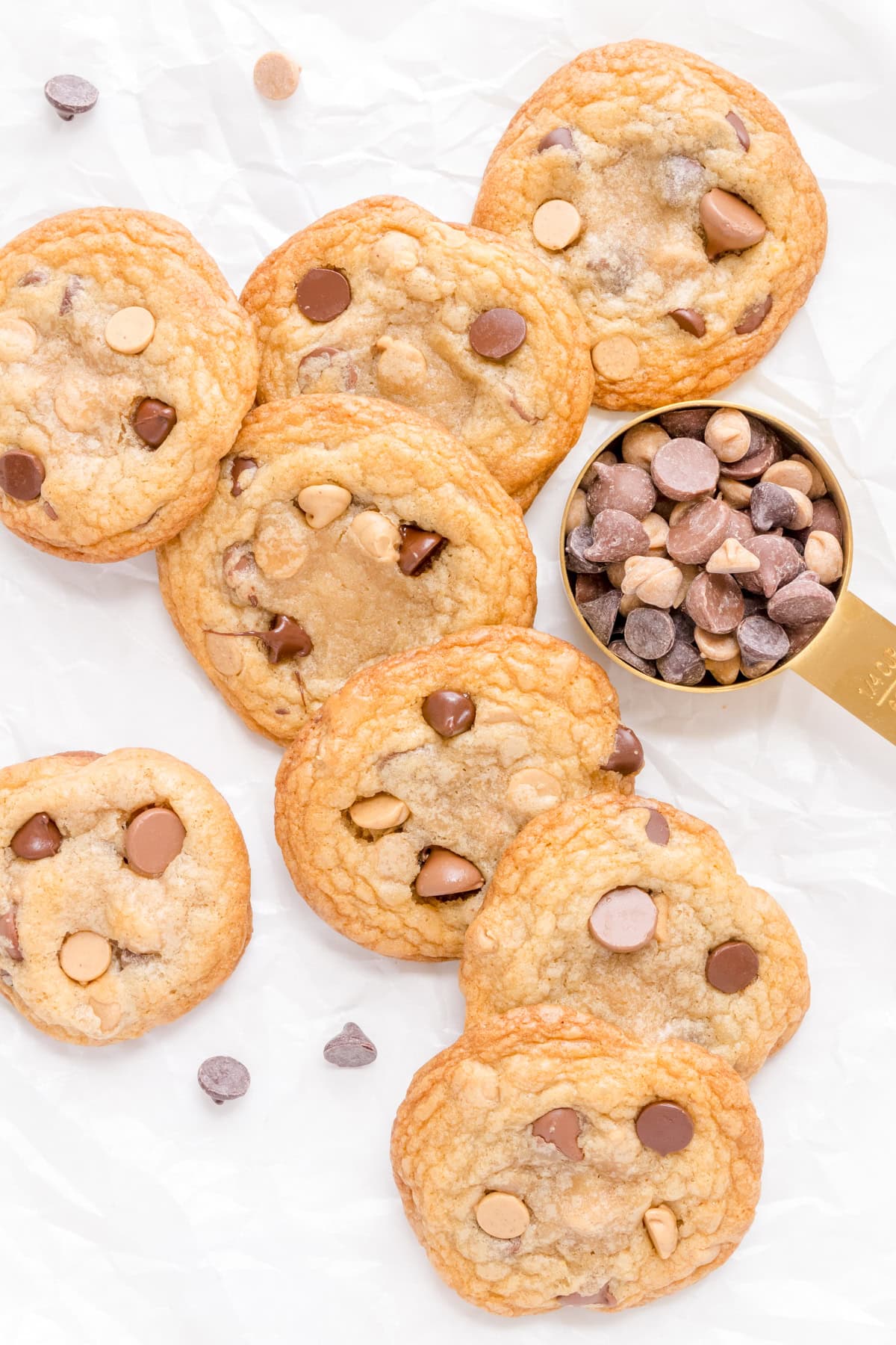 chocolate chip and peanut butter chips with small cup of peanut butter chips.