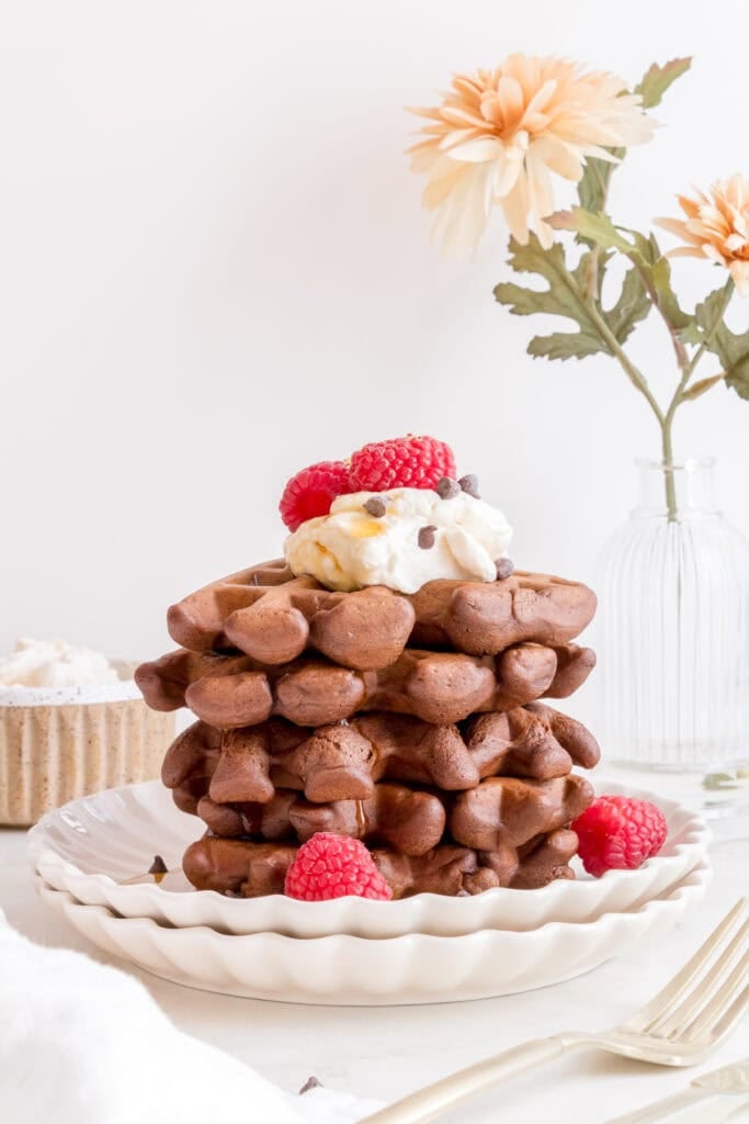 a stack of chocolate waffles with whipped cream, fresh raspberries and mini chocolate chips.