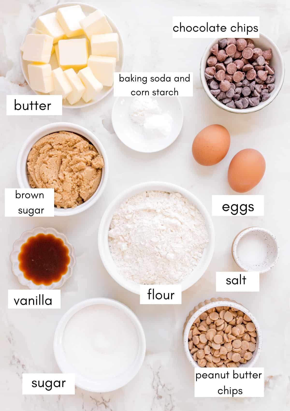 labeled ingredients for peanut butter chip and chocolate chip cookies.