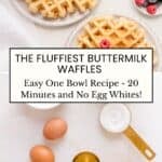 ingredients for buttermilk waffles with stack of buttermilk waffles on white plate.