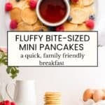 plate of mini pancakes with bowl of syrup on white platter.