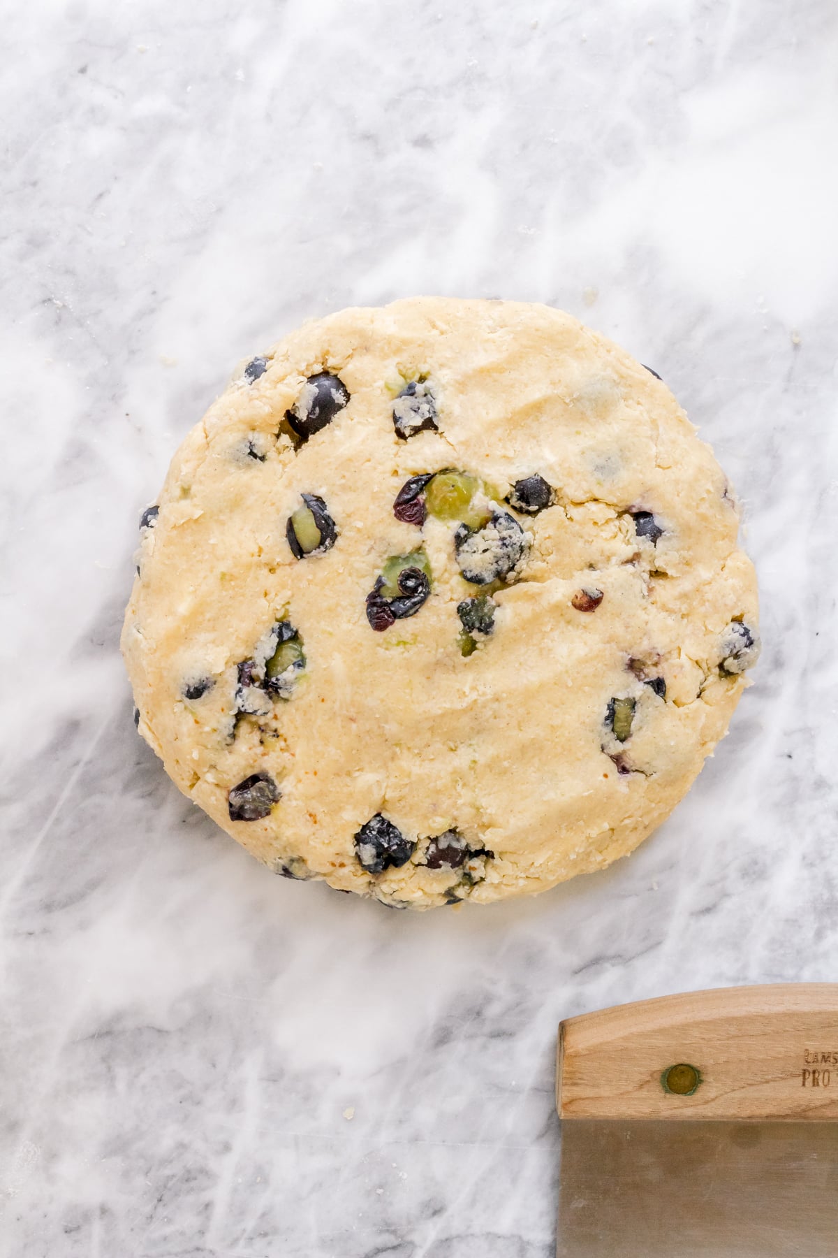 circle of blueberry scone dough on marble with a bench scraper.