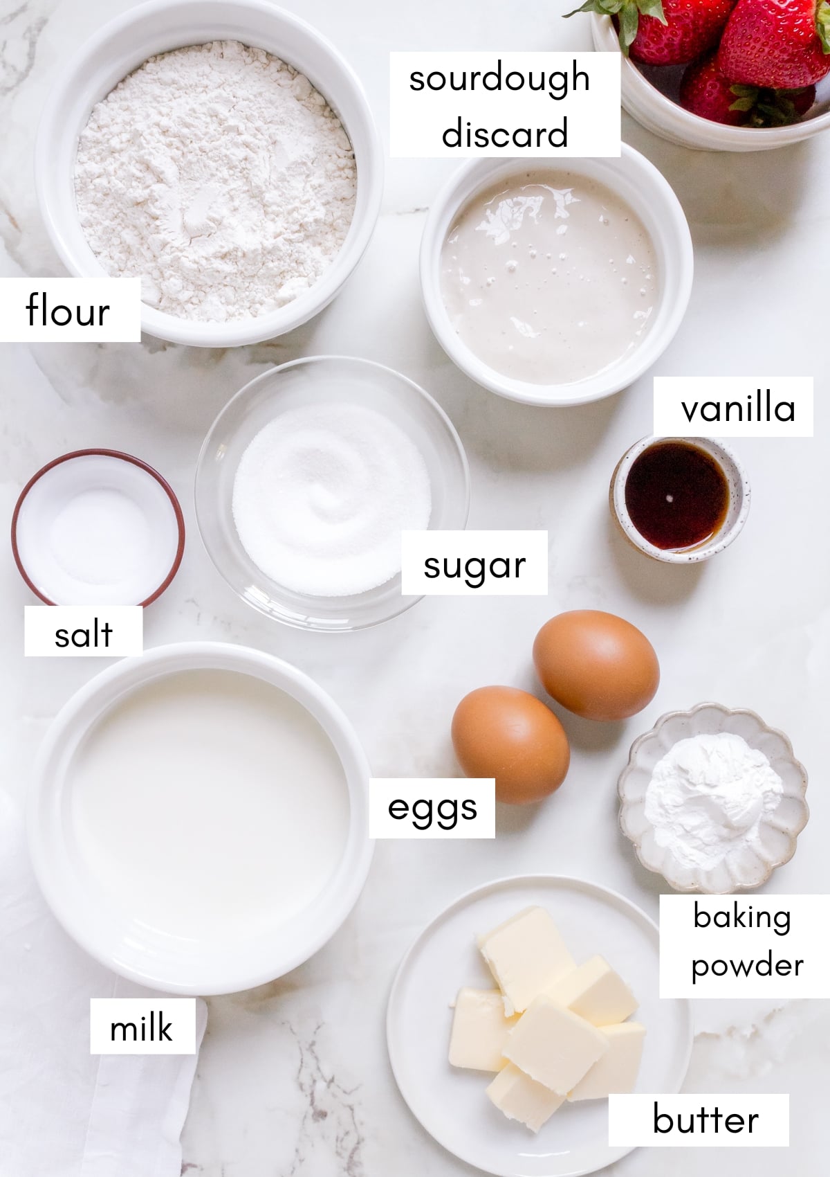 labeled ingredients for discard pancakes on white background. 