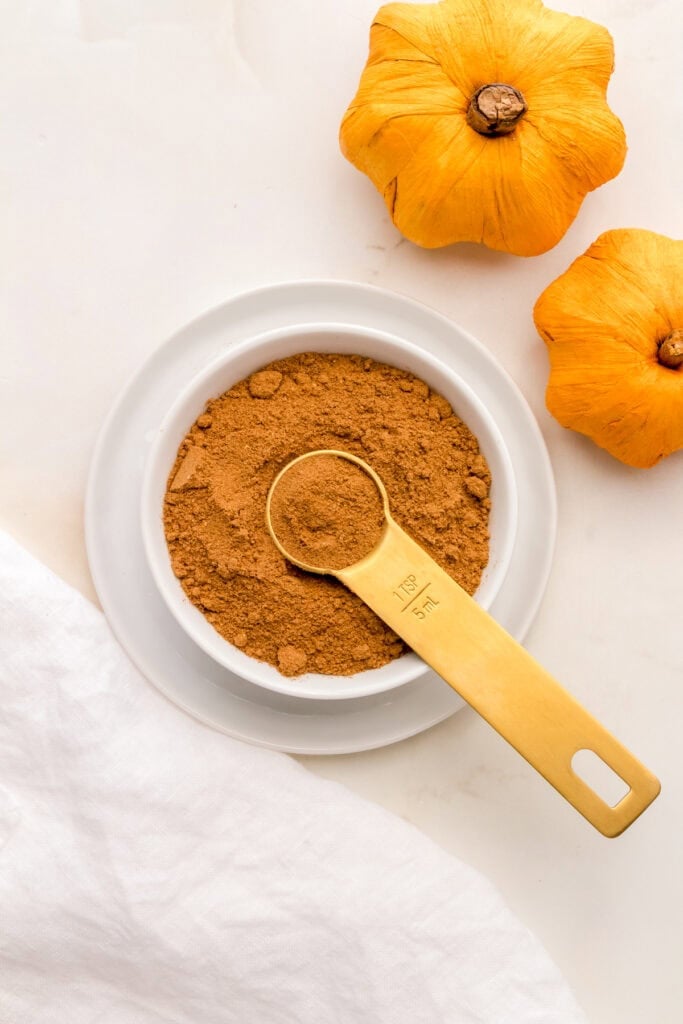 pumpkin pie spice in a small white bowl with gold measuring spoon and pumpkins.